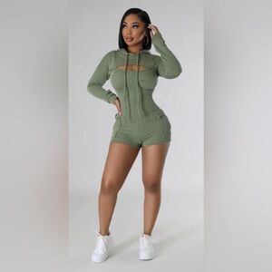 Ribbed Olive Green Hoodie Romper